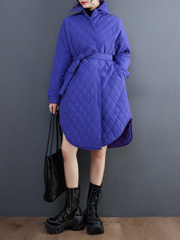 Simple Loose Rhombic Belted Solid Color Lapel Padded Coat