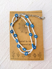 Adjustable Drawstring Beaded Bracelet Blue Daisy