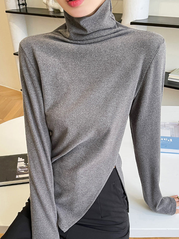 Casual Skinny Long Sleeves Split-Side Solid Color High-Neck T-Shirts Tops