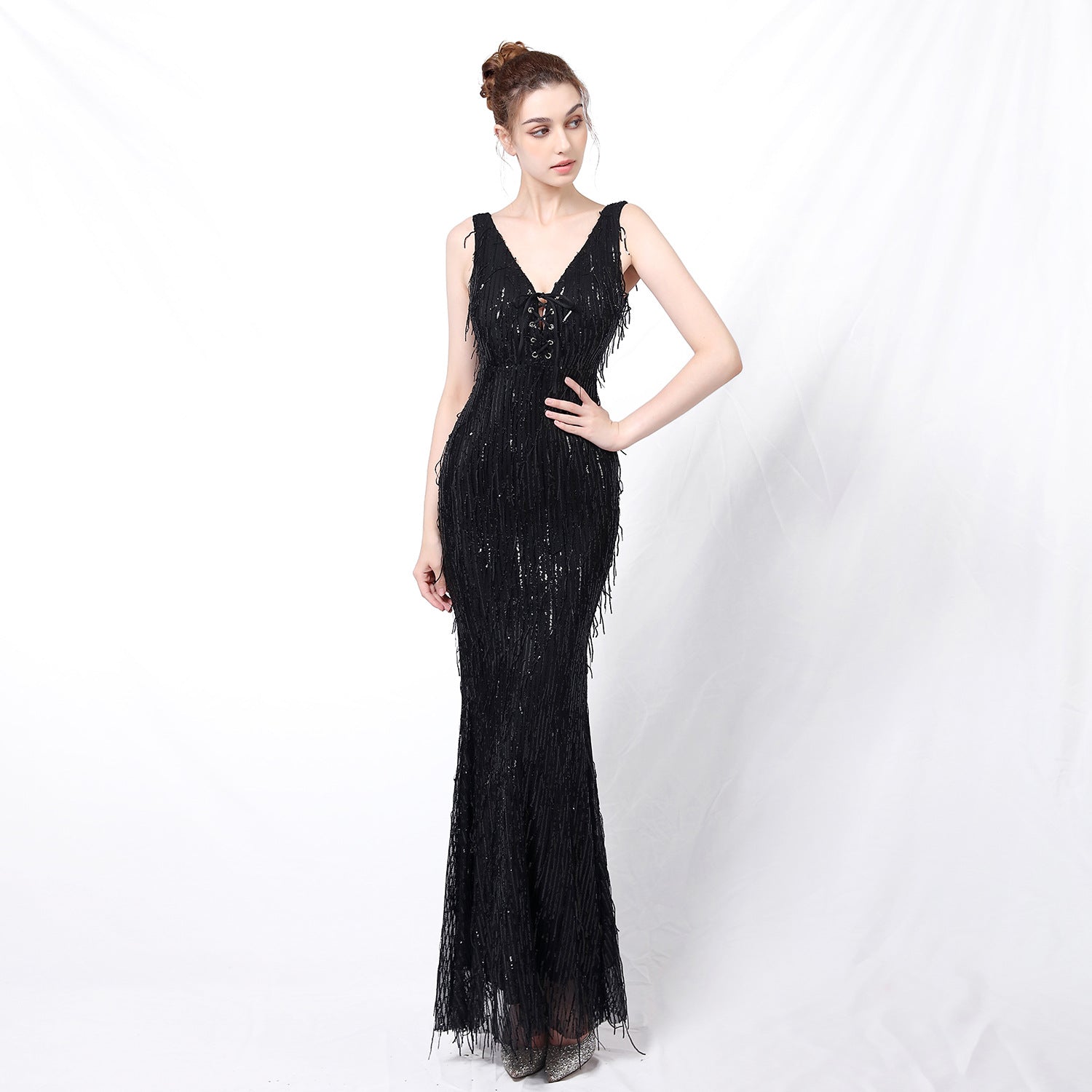 Polyester Silk Tassel Sequin Fishtail Cocktail Dress for Women