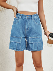 High Waisted Loose Elasticity Pockets Split-Joint Denim Shorts