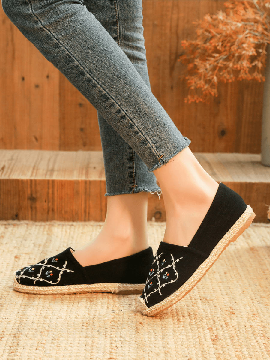 CACTUS ROSE | TWIN FLOWER EMBROIDERED LINEN ESPADRILLES - BLACK