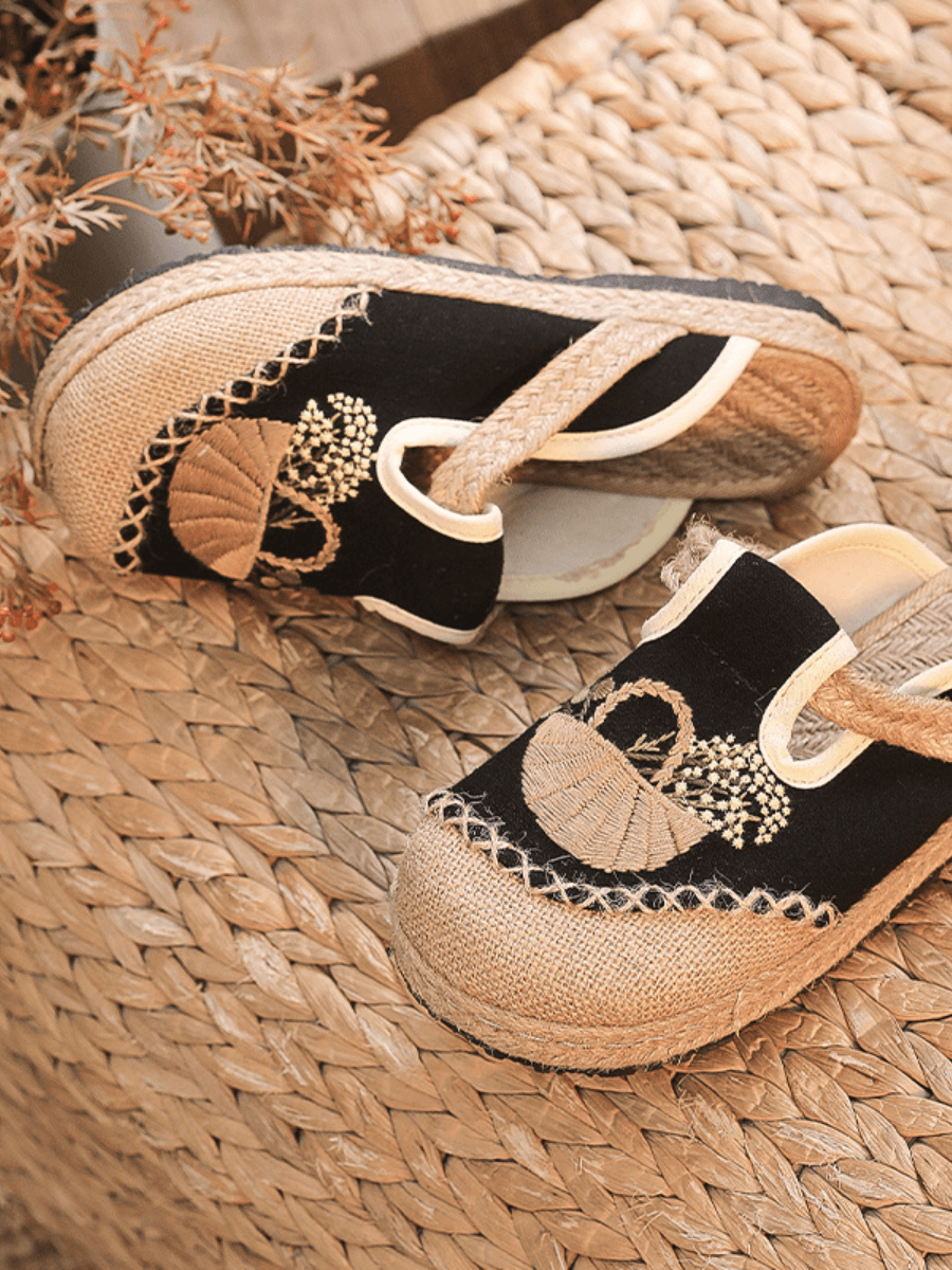 CACTUS ROSE | SUMMER PICNIC EMBROIDERED LINEN MULE - BLACK