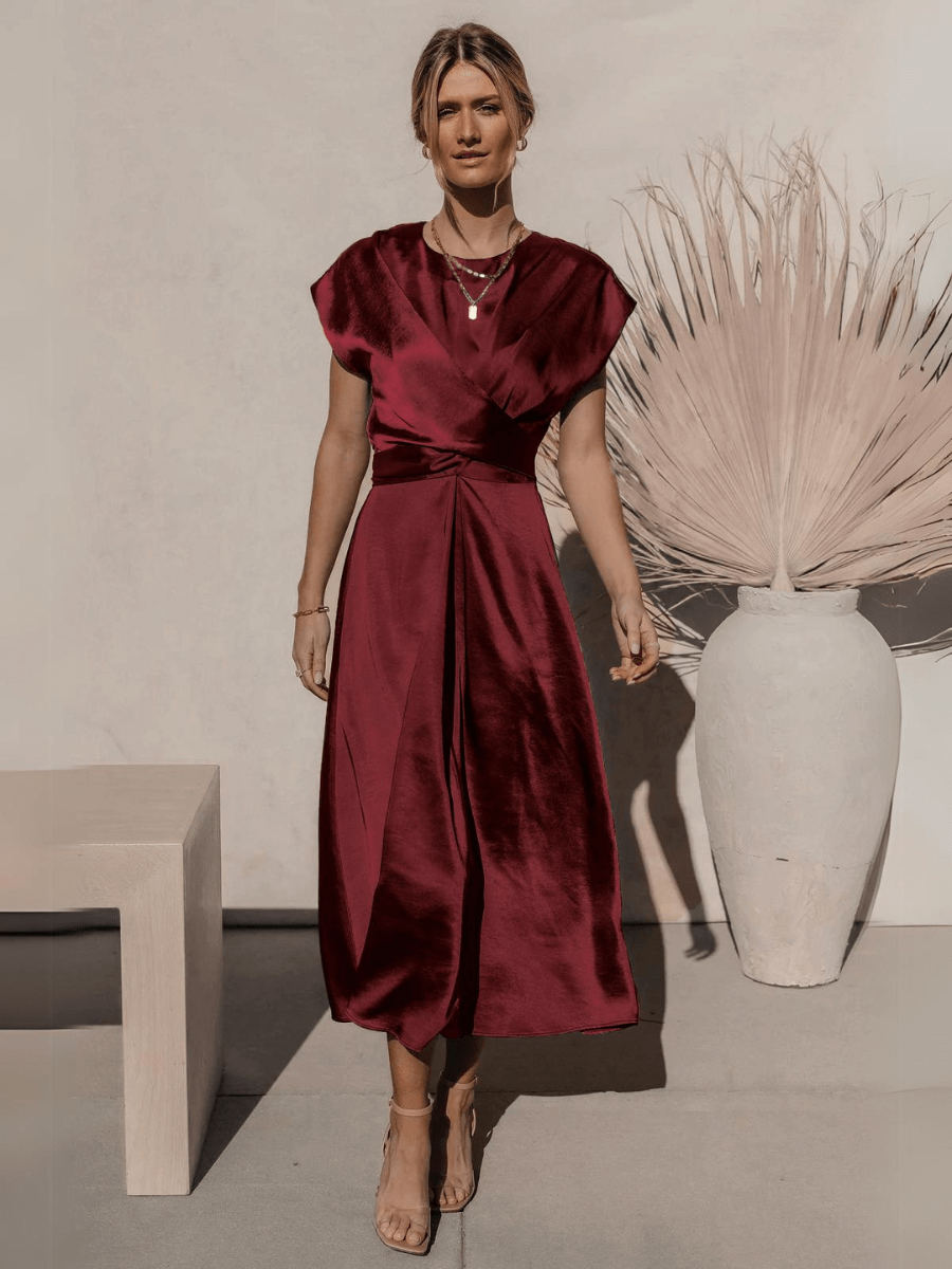 Theia Satin Short Sleeve Midi Dress - Burgundy