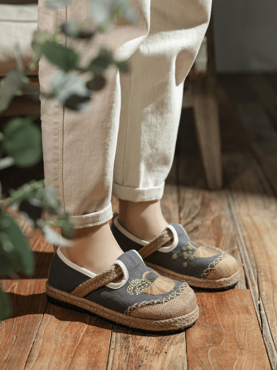 CACTUS ROSE | BASKET EMBROIDERED LINEN ESPADRILLE LOAFER - GREY