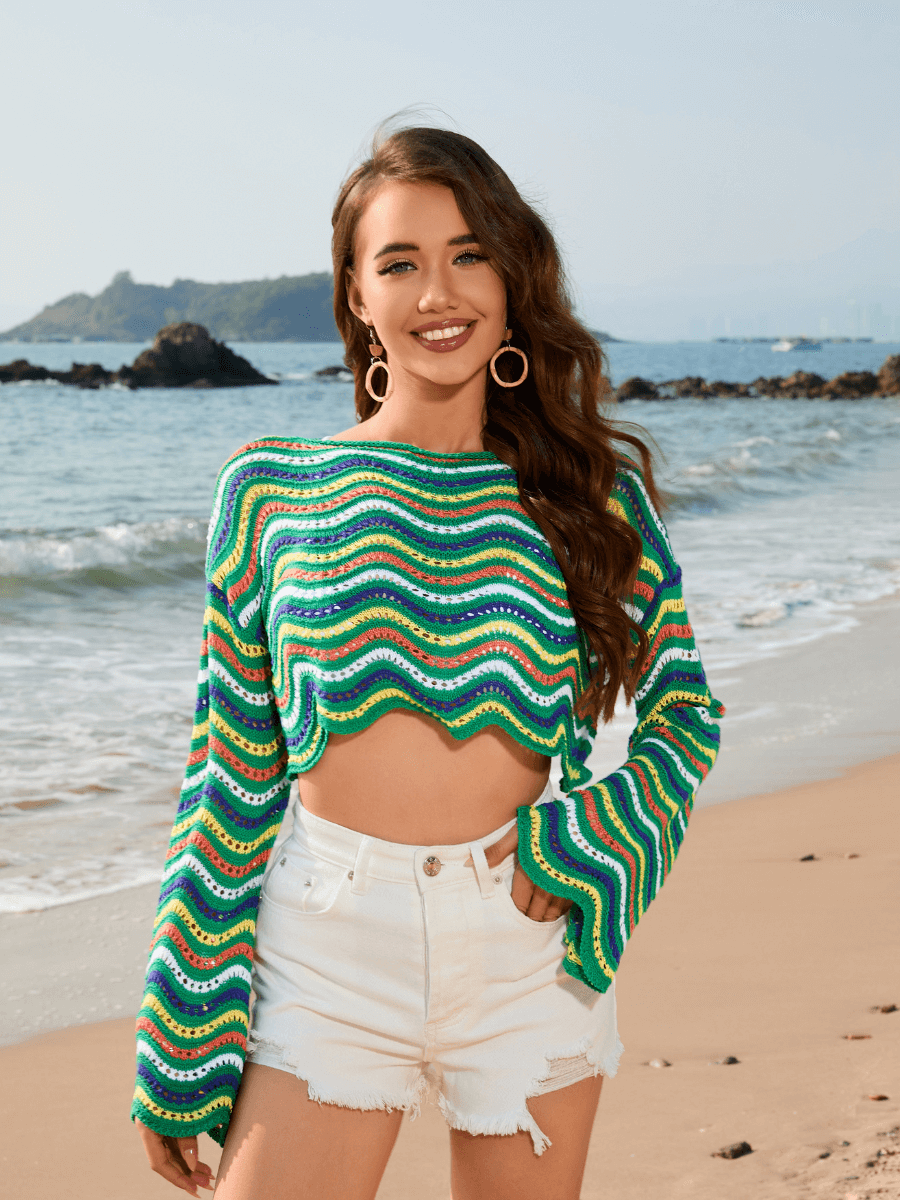 Appreciate You Crochet Striped Scalloped Hem Crop Top - Green