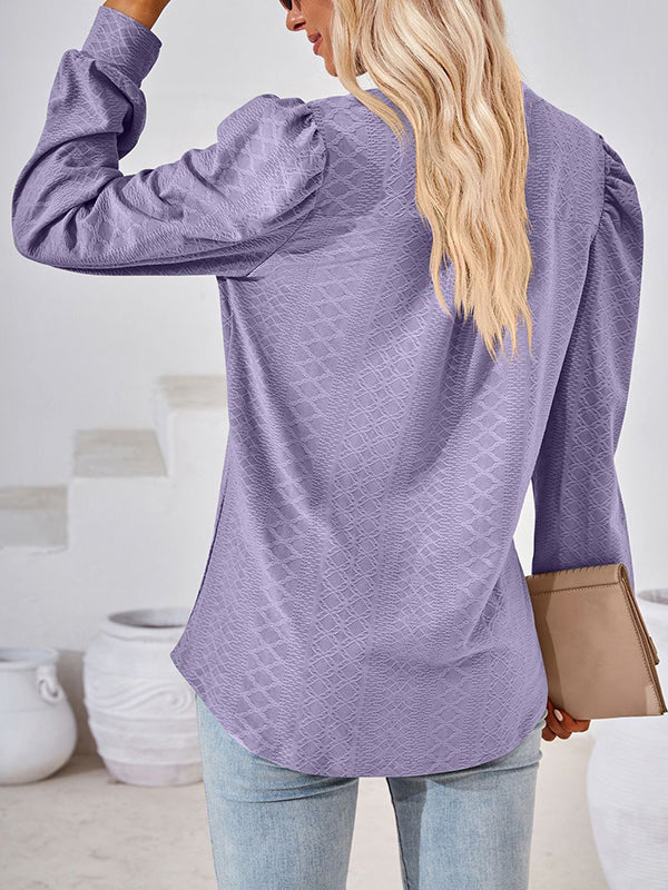 Long Sleeves Loose Jacquard Solid Color V-neck T-Shirts Tops