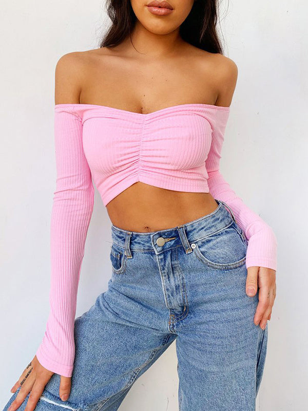 Long Sleeves Skinny Solid Color Off-The-Shoulder T-Shirts Tops