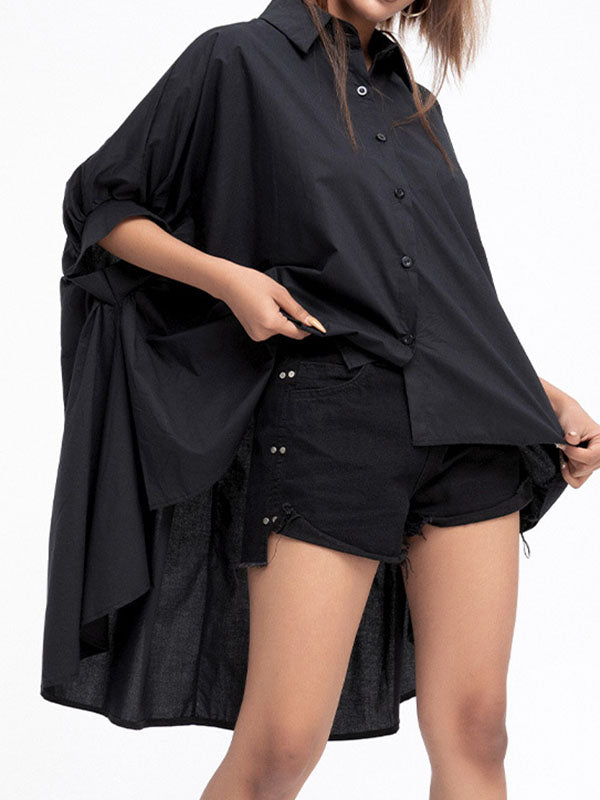 Batwing Sleeves High-Low Solid Color Lapel Blouses&Shirts Tops