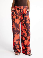 Exquisite Satin Vintage Rose Print Loose Wide-Leg Pants