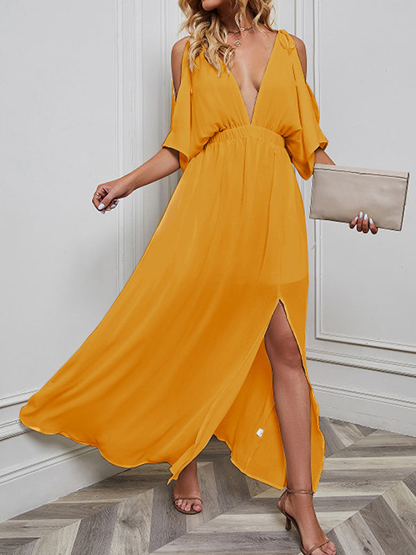 Batwing Sleeves Loose Solid Color Split-Front Deep V-Neck Maxi Dresses