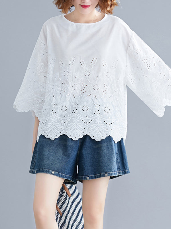 Loose Three-Quarter Sleeves Hollow Print Round-Neck Blouses&Shirts Tops