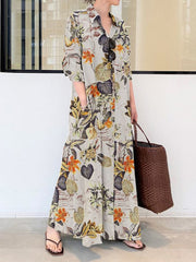 Loose Plus Size Printed Split-Joint Lapel Maxi Dresses Shirt Dress