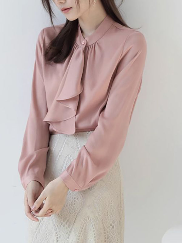 Long Sleeves Loose Buttoned Pleated Ribbon Solid Color Mock Neck Blouses&Shirts Tops