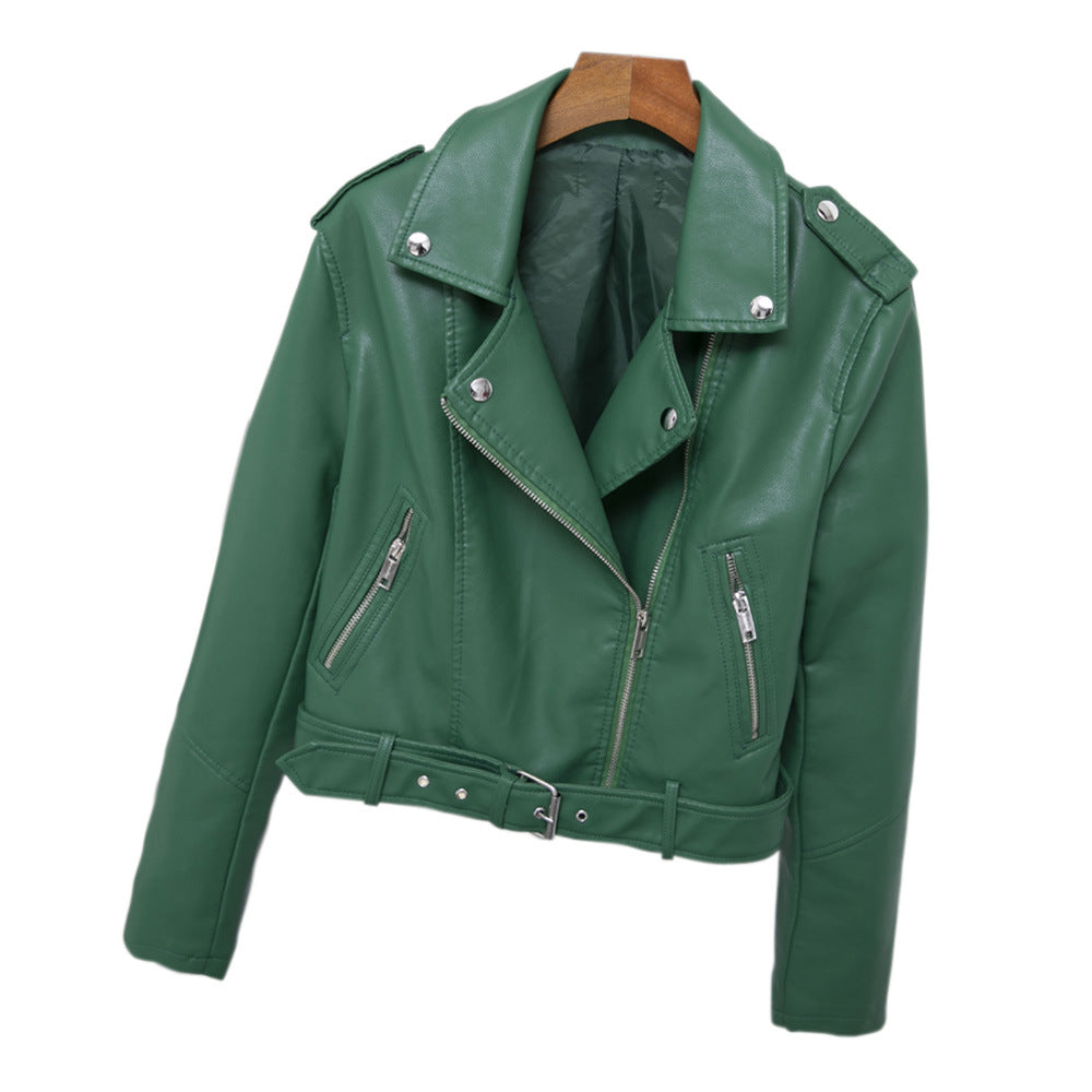 Autumn Epaulet Collared Short Belt Women Faux Leather Coat Simple Leather Jacket Motorcycle Jacket