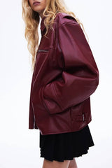 Fashion Lapel Long Sleeve Pocket Zipper Leather Jacket