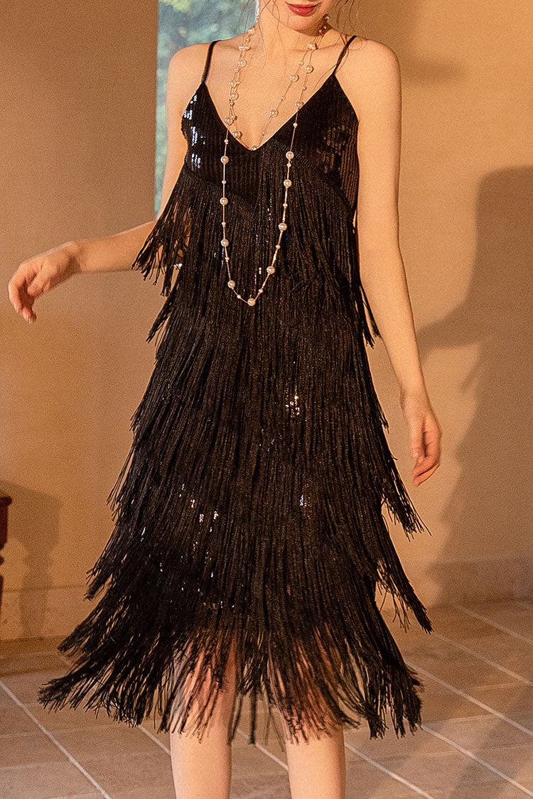 1920s Gatsby V Neck Sequined Layered Fringe Flapper Midi Dress - Black