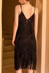 1920s Gatsby V Neck Sequined Layered Fringe Flapper Midi Dress - Black