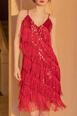 1920s Gatsby V Neck Sequined Layered Fringe Flapper Midi Dress - Red