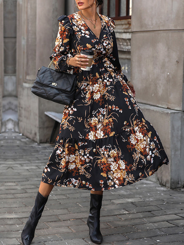 Loose Puff Sleeves Flower Print Pleated Split-Joint Tied Waist V-Neck Midi Dresses Shirt Dress