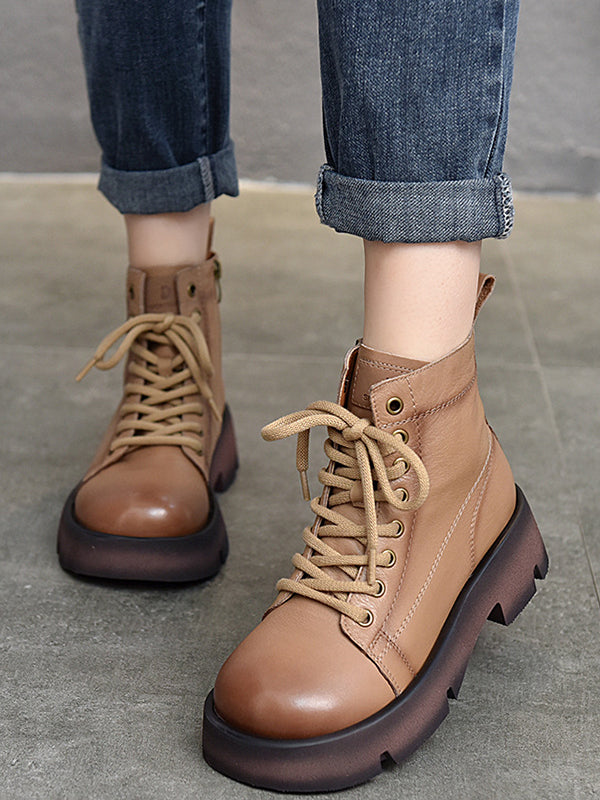 Cow Leather Lace-Up Zipper Martin Booties