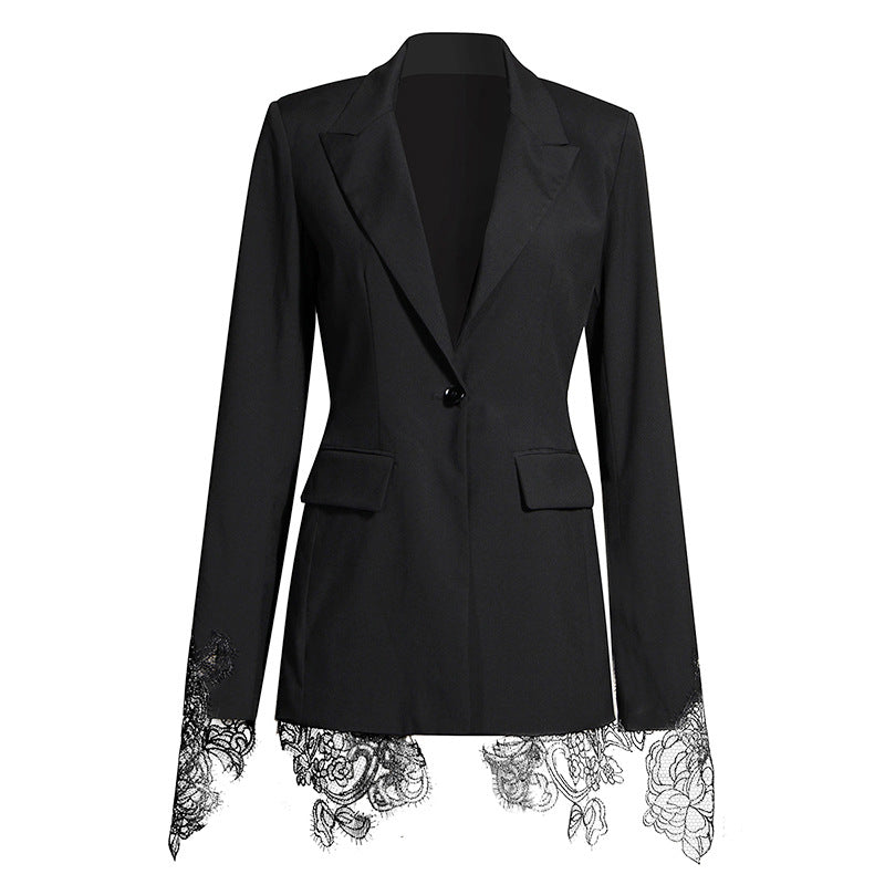 Niche Suit for Women Spring Black Fried Street Suit Machine Embroidery Lace Patchwork Waist Slimming Drape Coat