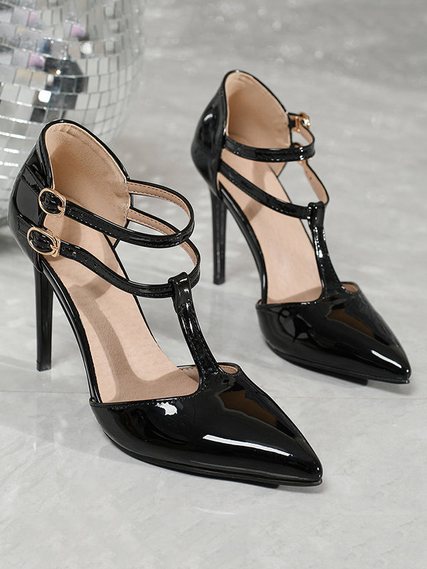 Belt Buckle Hollow Pointed-Toe Shiny Split-Joint Pumps