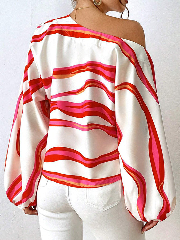 Long Sleeves Loose Asymmetric Striped One-Shoulder Blouses&Shirts Tops