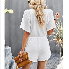 V-Neck Knitted Solid Color Jumpsuit Shorts