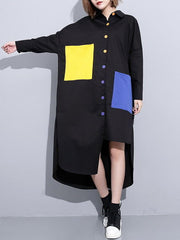 Long Sleeves Loose Asymmetric Buttoned Contrast Color Pockets Lapel Midi Dresses Shirt Dress