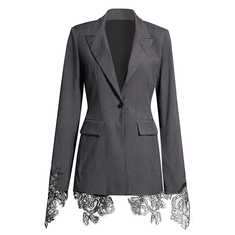 Niche Suit for Women Spring Black Fried Street Suit Machine Embroidery Lace Patchwork Waist Slimming Drape Coat