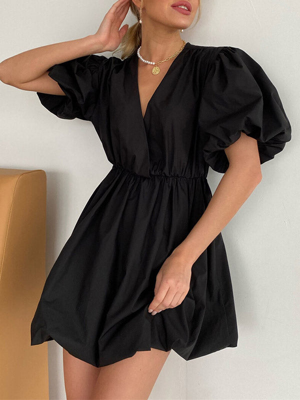 Loose Puff Sleeves Solid Color V-Neck Mini Dresses