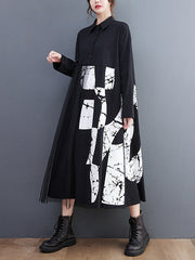 Casual Long Sleeves Loose Contrast Color Split-Joint Lapel Collar Midi Dresses