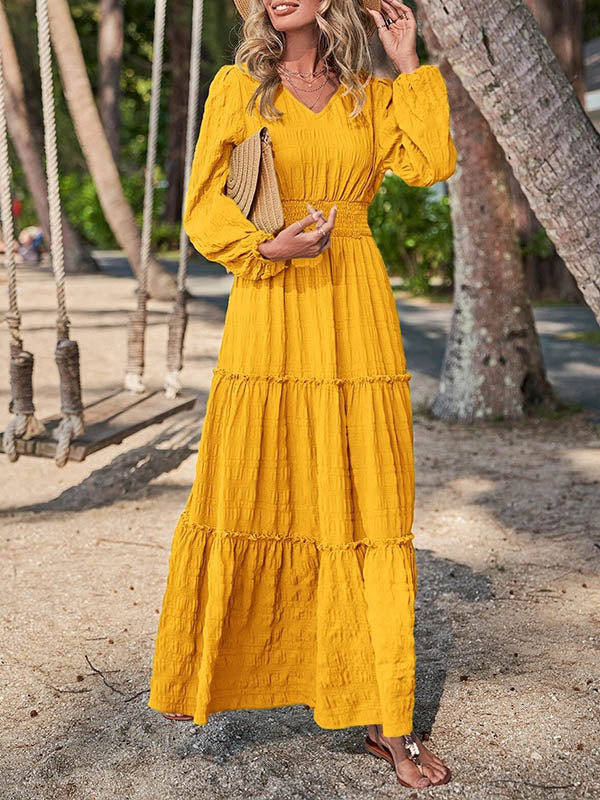 A-Line Long Sleeves Elasticity Solid Color Split-Joint V-Neck Maxi Dresses