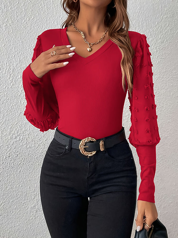 Long Sleeves Puff Sleeves Jacquard Mesh See-Through Solid Color Split-Joint V-Neck T-Shirts Tops