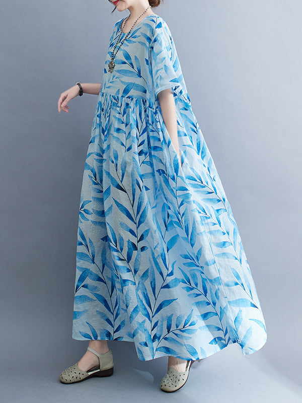 Loose Short Sleeves Leaf Pleated Printed Split-Joint Round-Neck Midi Dresses