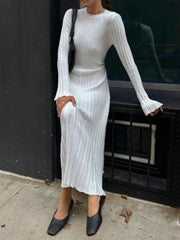 Flared Sleeves Skinny Pleated Solid Color Maxi Sweater Dresses