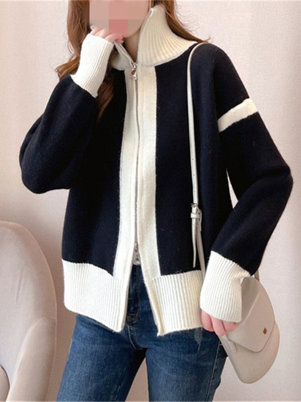 Casual Long Sleeves Contrast Color Zipper Stand Collar Cardigan Tops