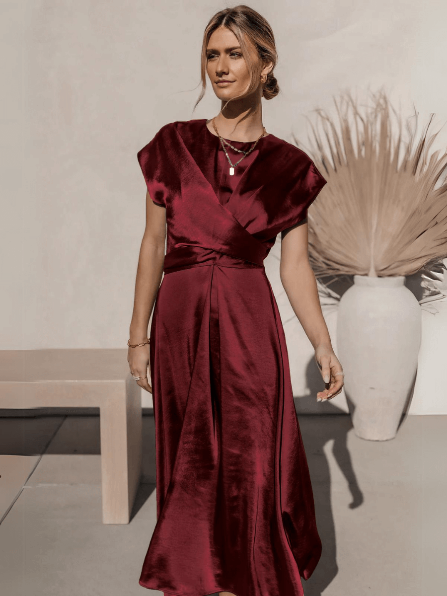 Theia Satin Short Sleeve Midi Dress - Burgundy