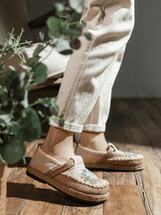 CACTUS ROSE | PATTERN EMBROIDERED LINEN ESPADRILLE LOAFER - BEIGE