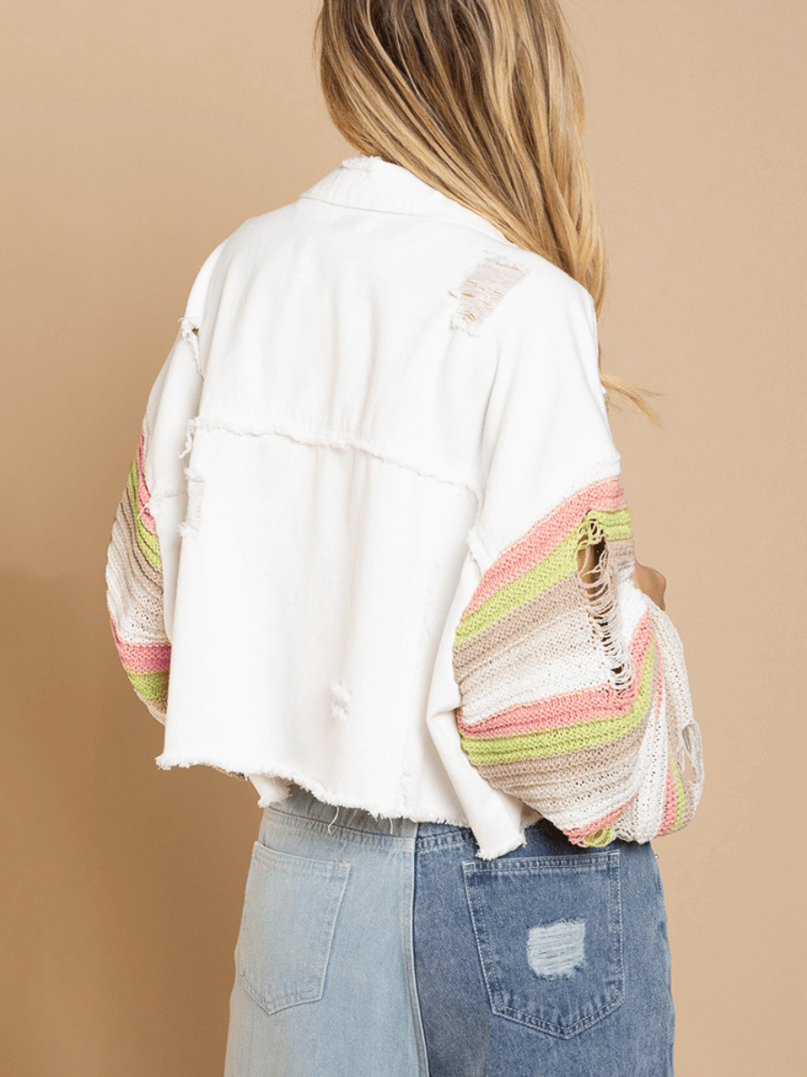 MADDEN KNIT RIPPED SLEEVE DENIM JACKET - WHITE