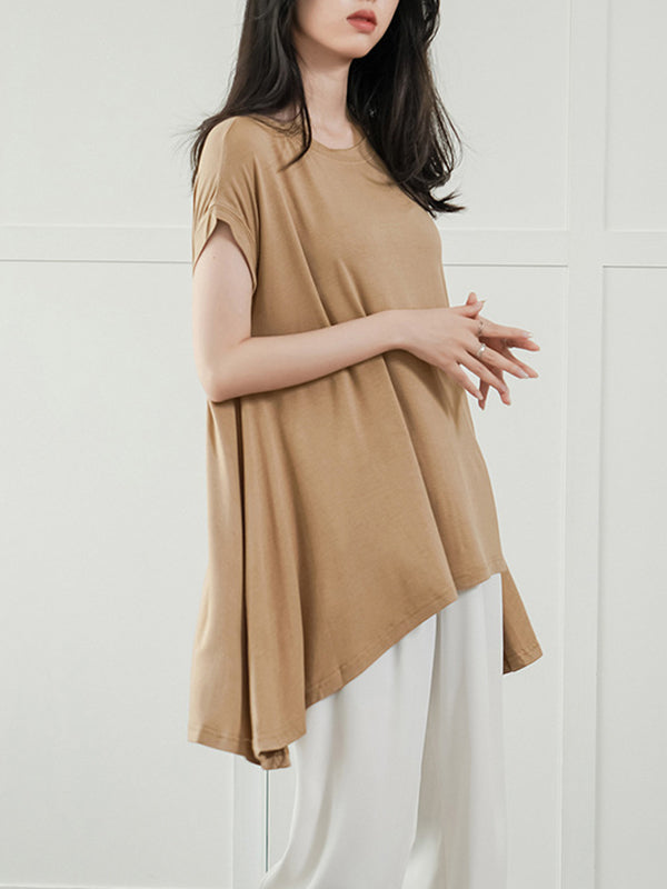 High-Low Loose Asymmetric Solid Color Round-Neck T-Shirts Tops