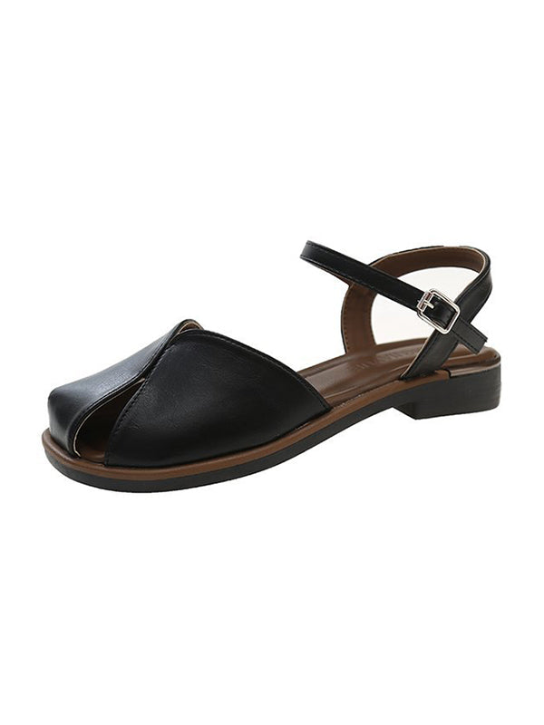 Belt Buckle Hollow Split-Joint Square-Toe Flat Shoes Sandals