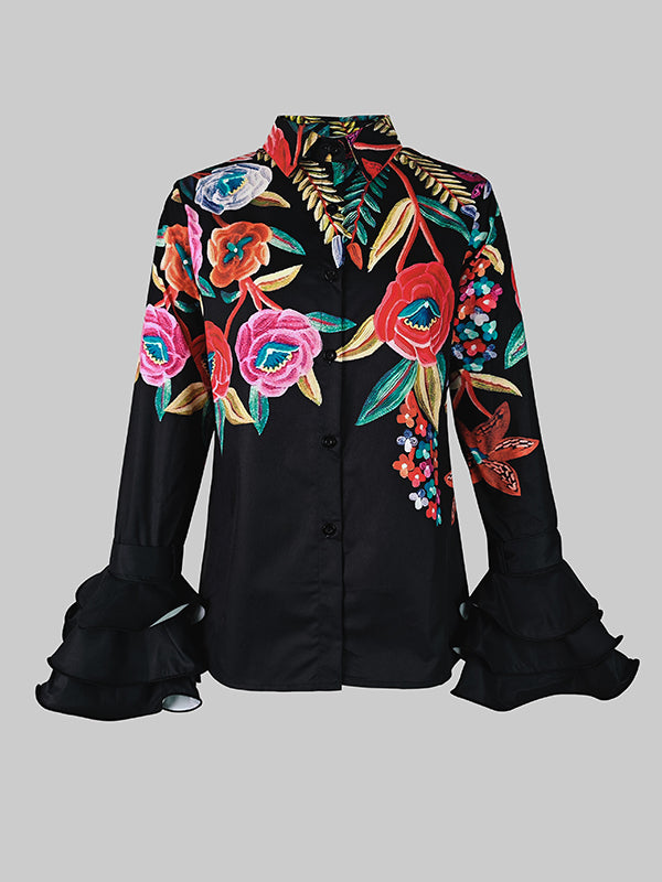 Flared Sleeves Long Sleeves Buttoned Contrast Color Flower Print Lapel Blouses&Shirts Tops