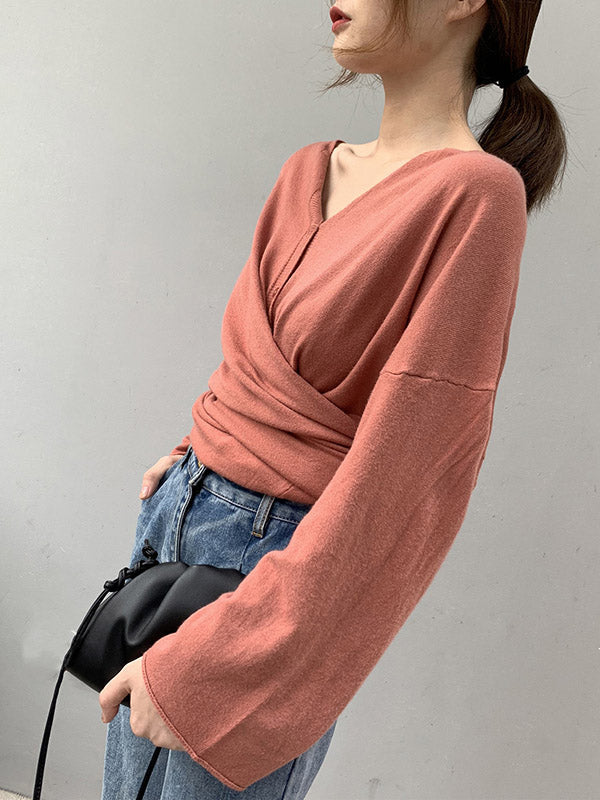 Long Sleeves Loose Buttoned Solid Color V-Neck Cardigan Tops