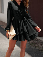 A-Line High Waisted Ruffled Solid Color Tied Waist V-Neck Mini Dresses