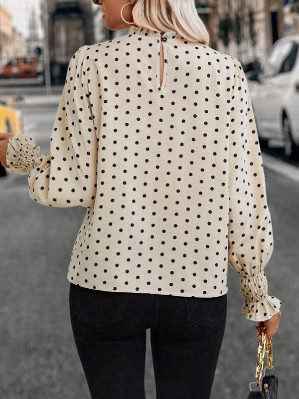 Long Sleeves Loose Elasticity Hollow Pleated Polka-Dot Mock Neck Blouses&Shirts Tops