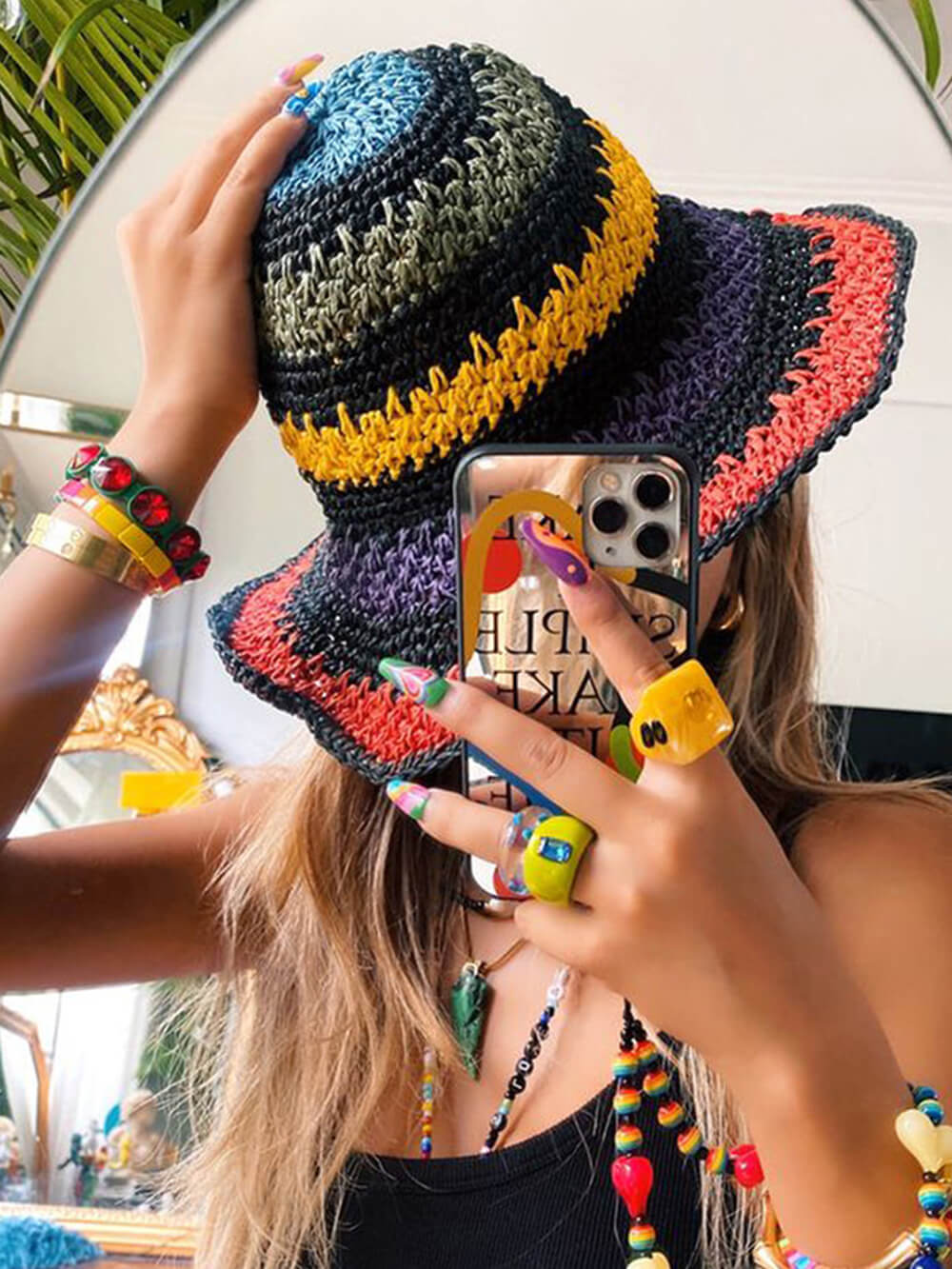 Bucket Crochet Hat Rainbow Stripe Multi Black