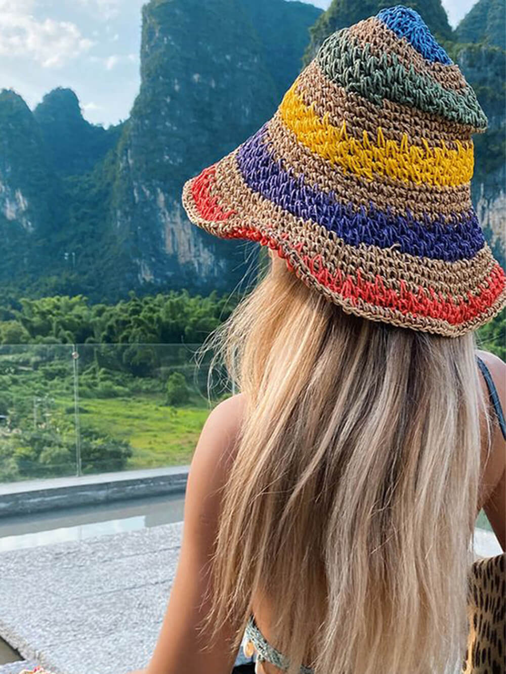 Bucket Crochet Hat Rainbow Stripe Multi Beige