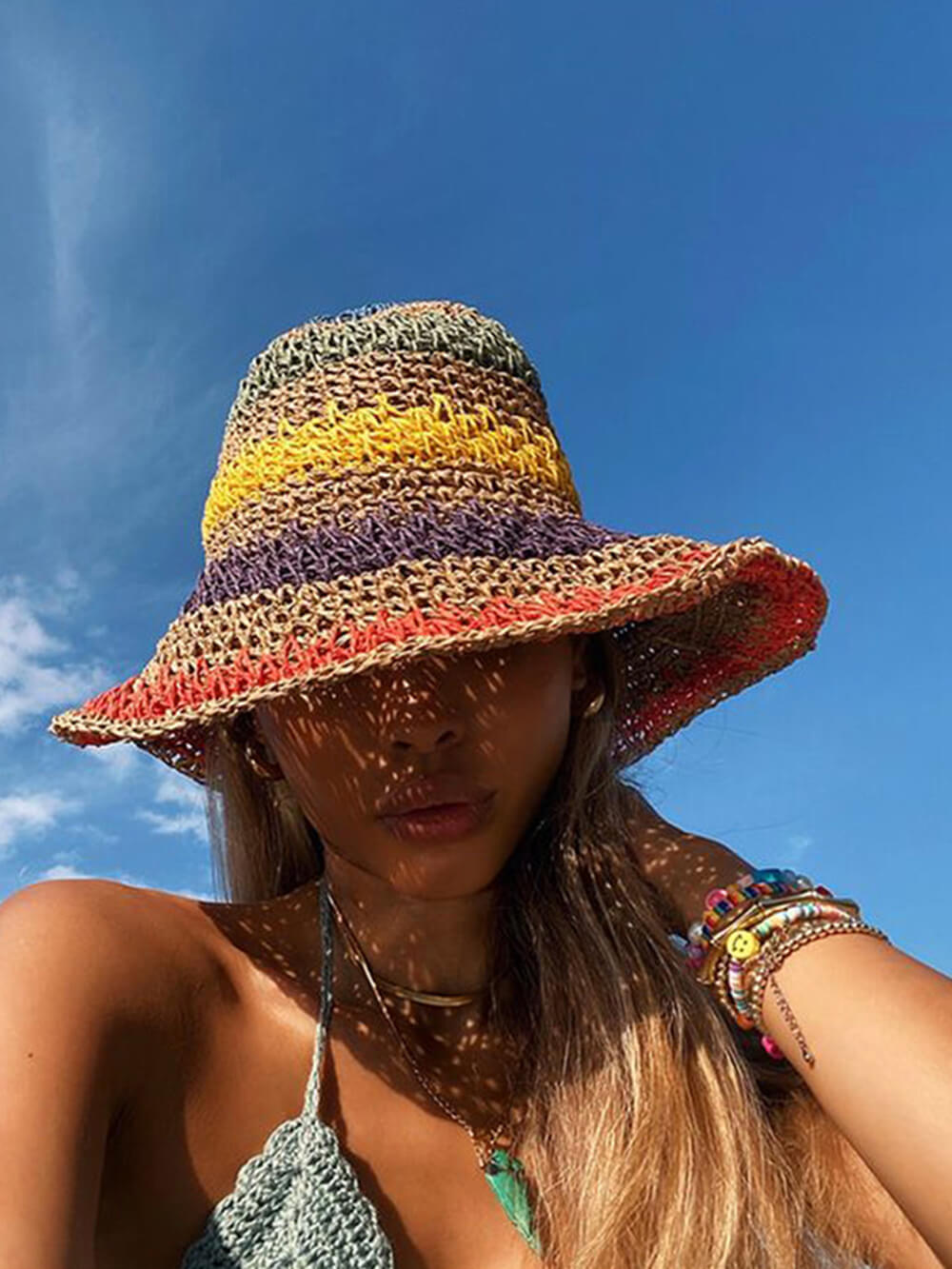 Bucket Crochet Hat Rainbow Stripe Multi Beige